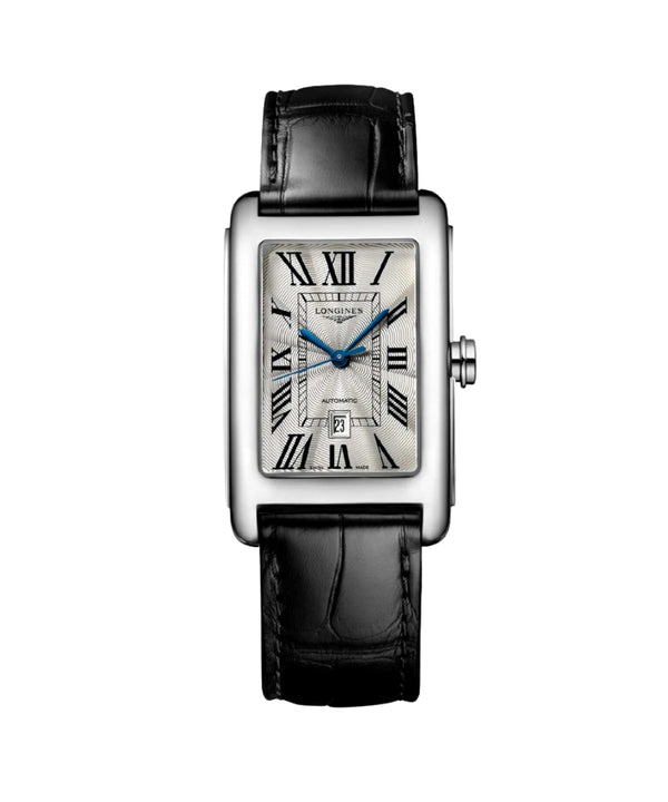 Luxury watch with black leather strap and silver case on a white background