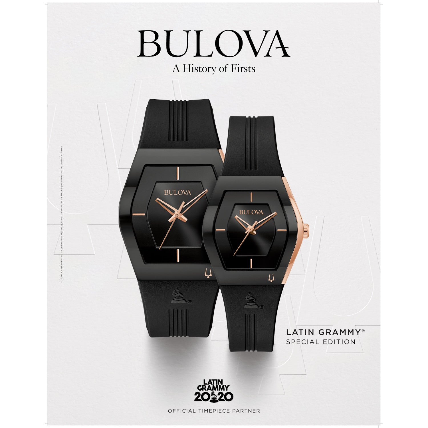 Two black Bulova watches with rose gold accents on a white background, featuring 'Latin Grammy 2020' text.