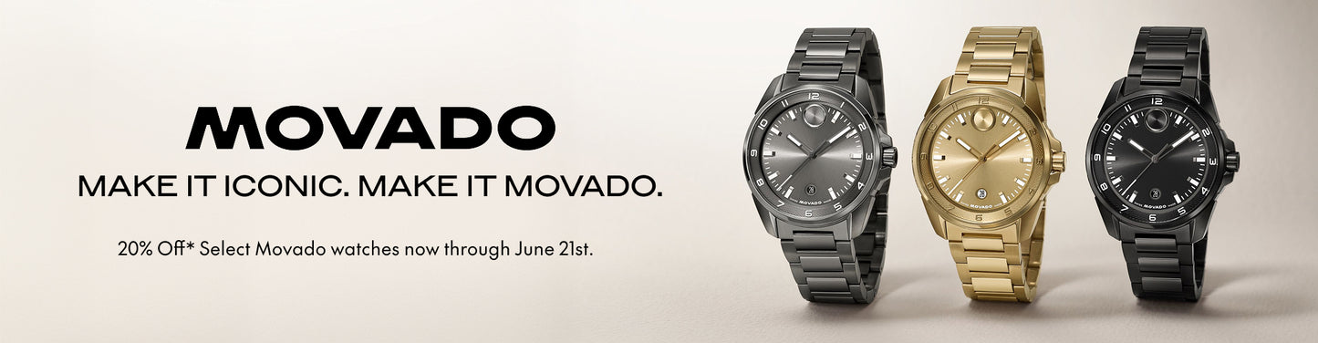 Three Movado watches displayed with promotional text on a beige background