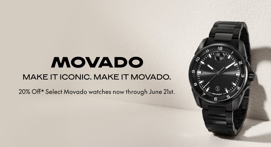Black Movado watch on a light gray background with promotional text.