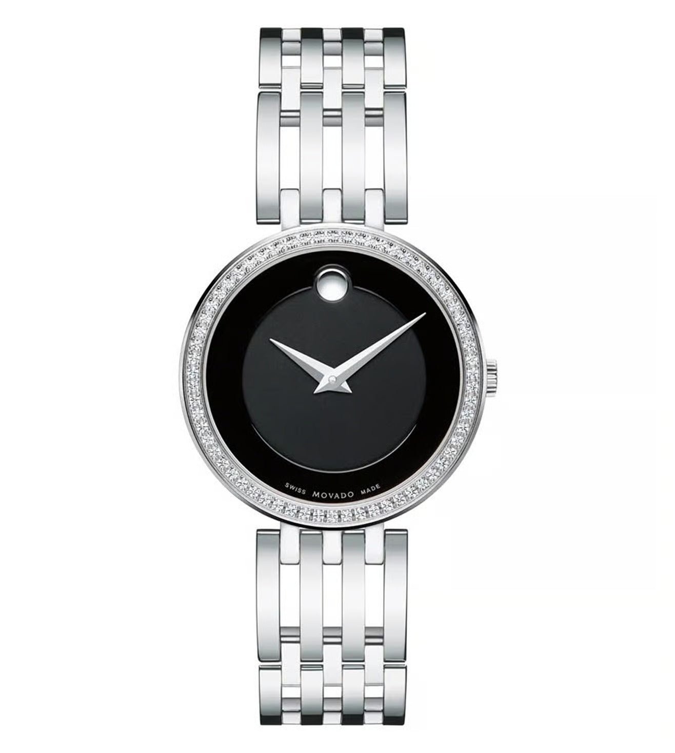 Silver watch with black face on a white background