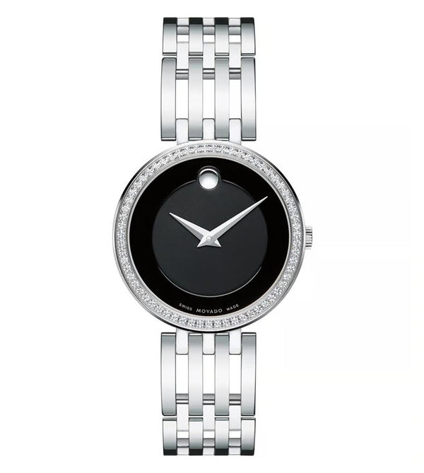 Silver watch with black face on a white background