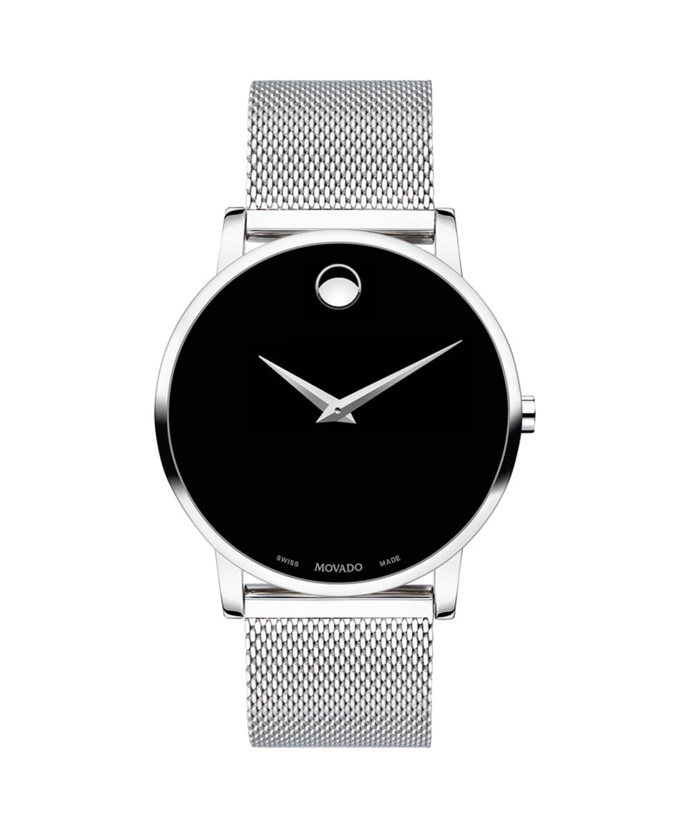 Silver watch with black face on a white background