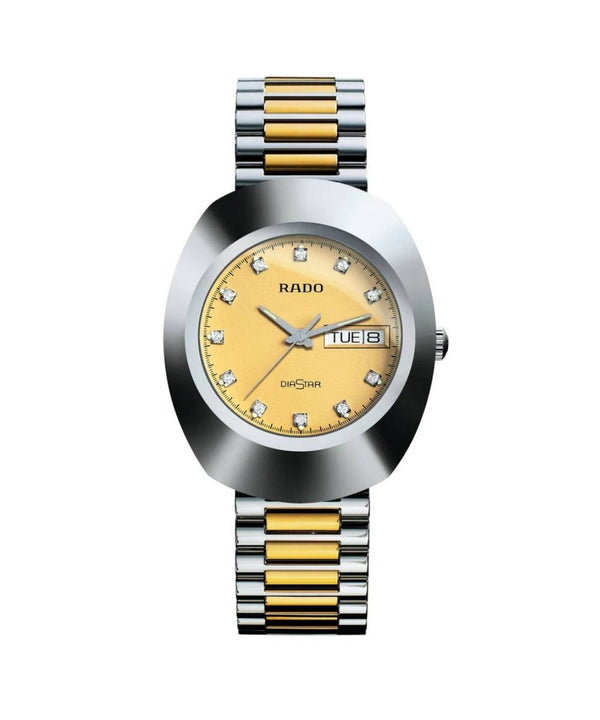 Rado watch with two-tone metal strap on a white background