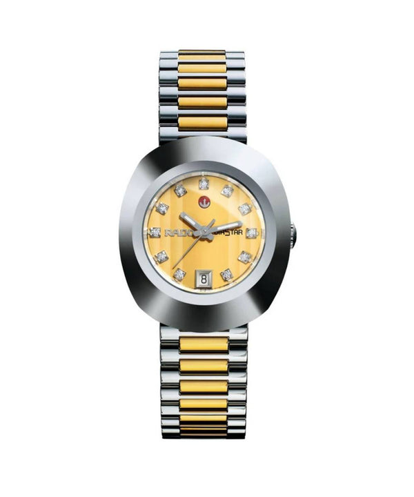Watch with two-tone metal strap and yellow dial on a white background