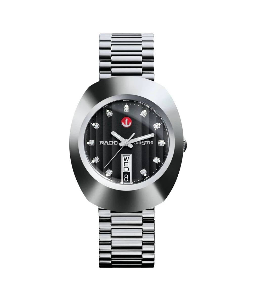 Silver Rado watch with black face on a white background