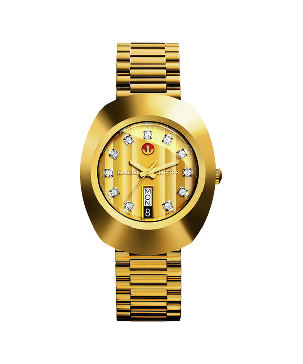 Gold watch with diamond-studded face on a white background