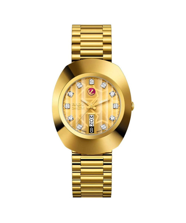 Gold watch with diamond-studded face on a white background
