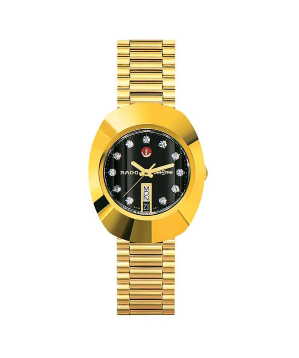 Gold wristwatch with a black face on a white background