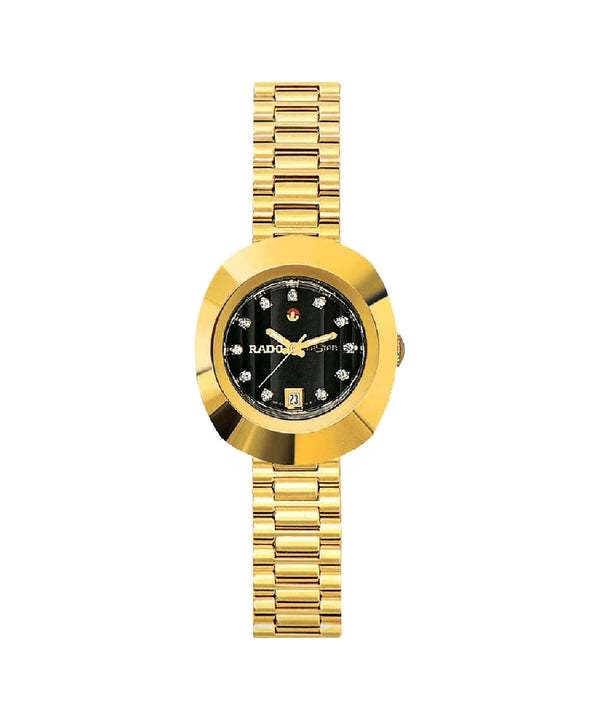 Gold wristwatch with black dial on a white background
