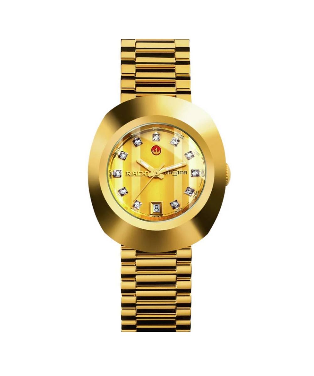 Gold wristwatch with diamond-studded face on a white background