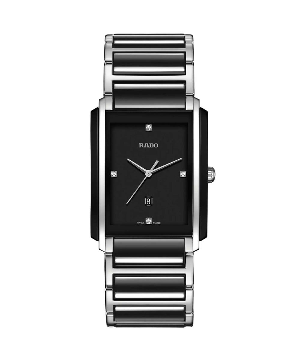 Rado watch with black face and silver band on a white background