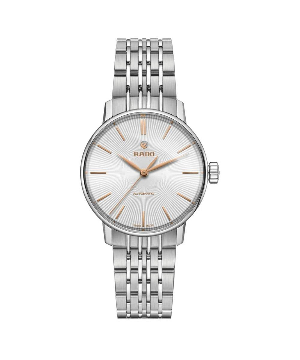 Silver Rado watch with a white face on a white background