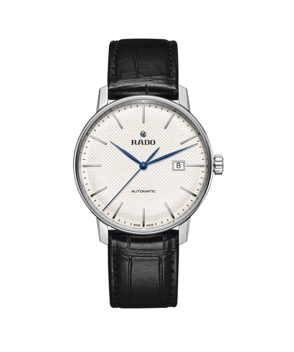 Rado watch with black leather strap and white dial on a white background