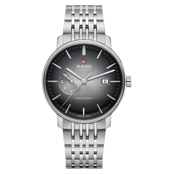 Silver Rado watch with black dial on a white background