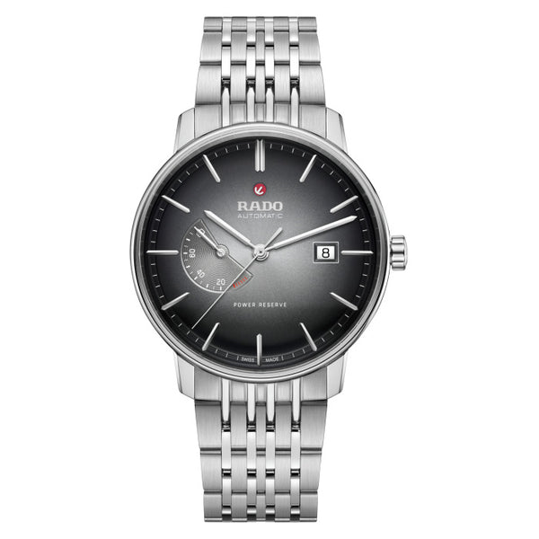 Silver Rado watch with black dial on a white background