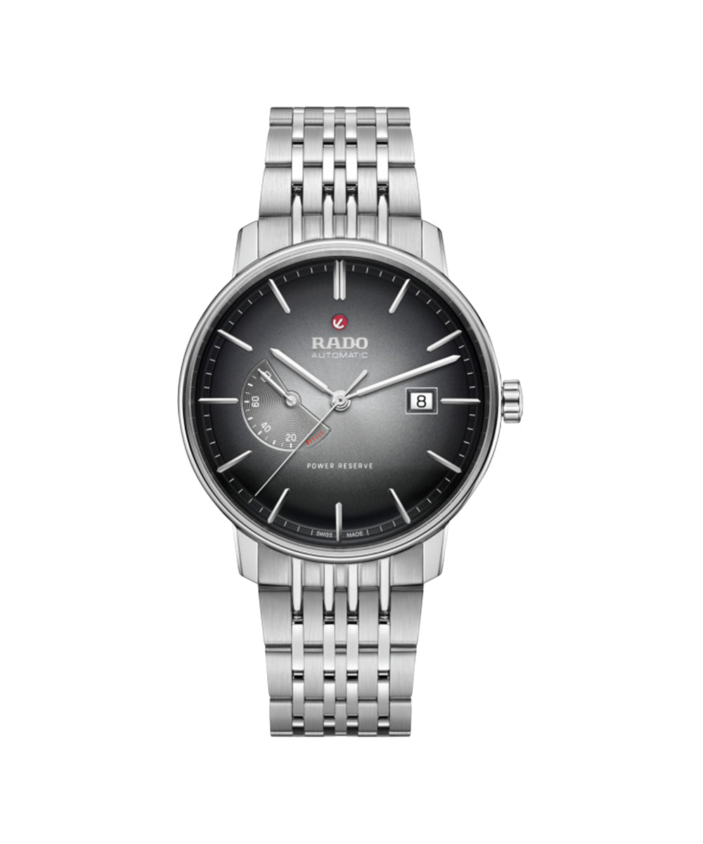 Silver Rado watch with black dial on a white background