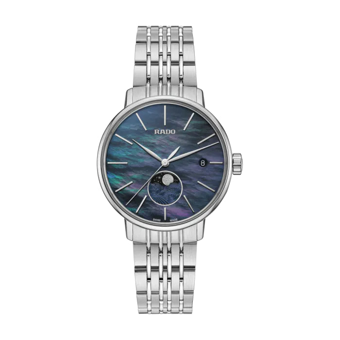 Silver Rado watch with a blue face on a white background
