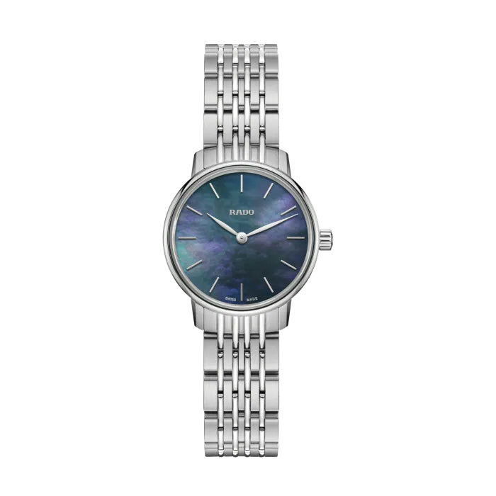 Silver Rado watch with a blue face on a white background