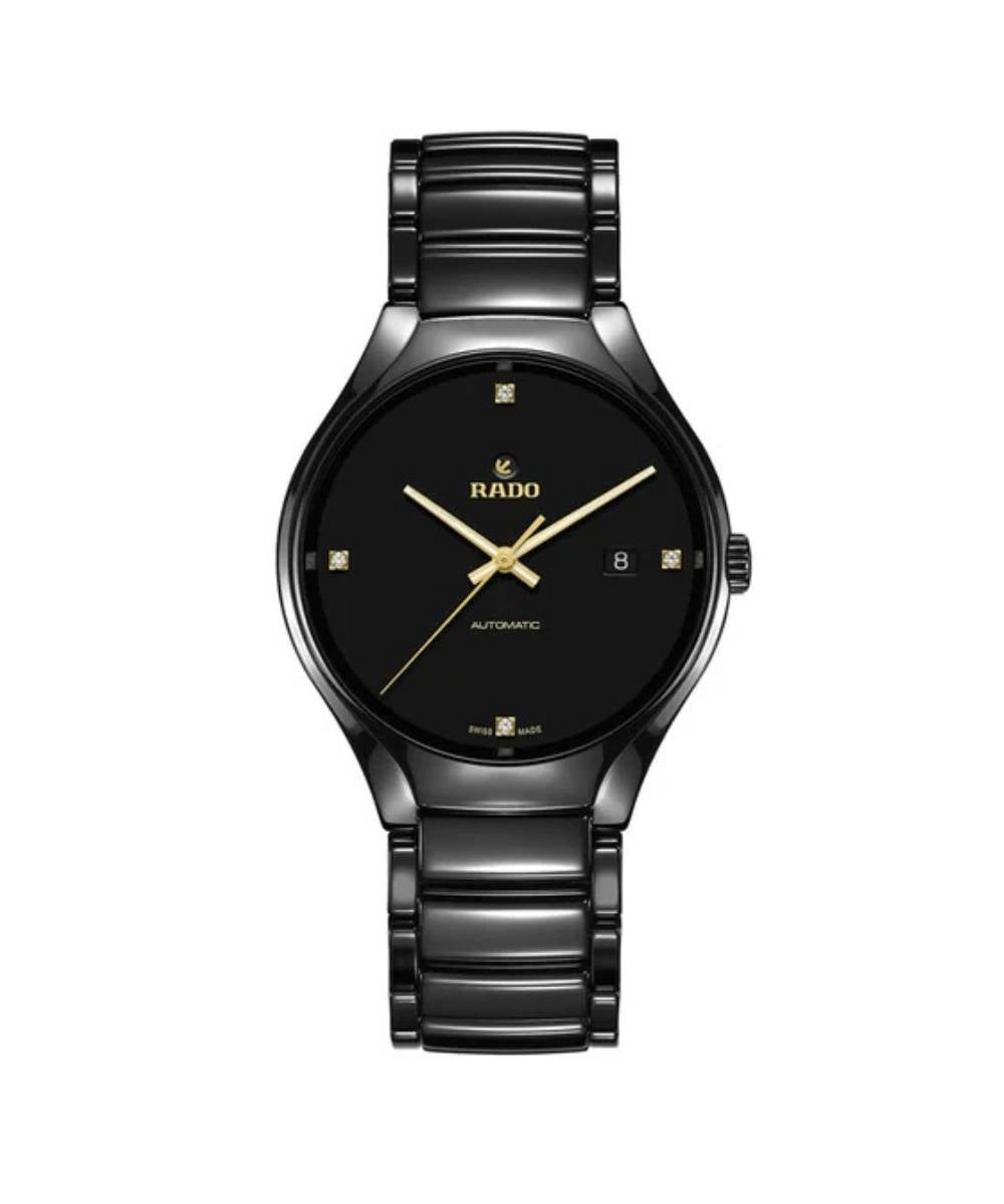 Black Rado watch with a white background