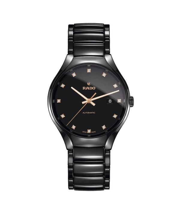 Black Rado watch with diamond-studded face on a white background