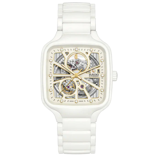 White Rado watch with a transparent face on a white background
