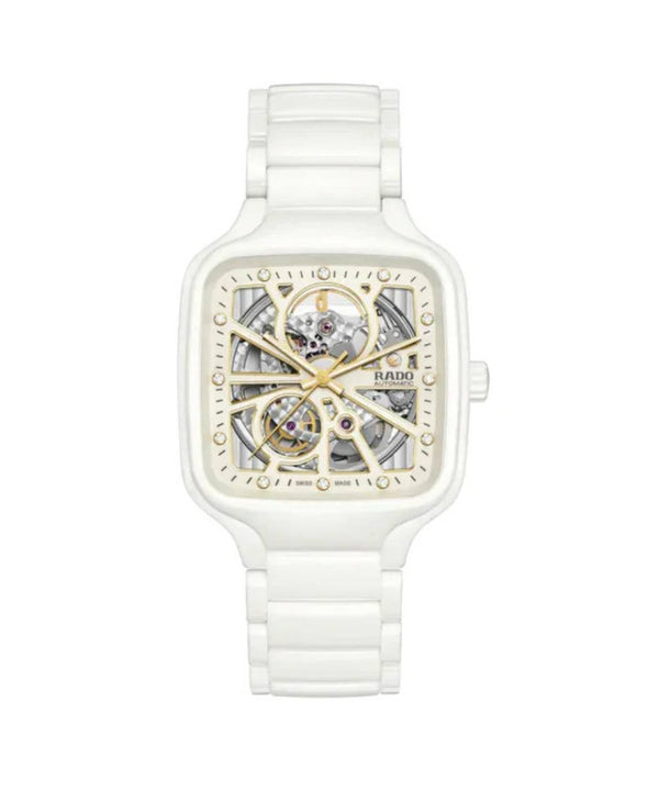 White watch with a transparent face on a white background