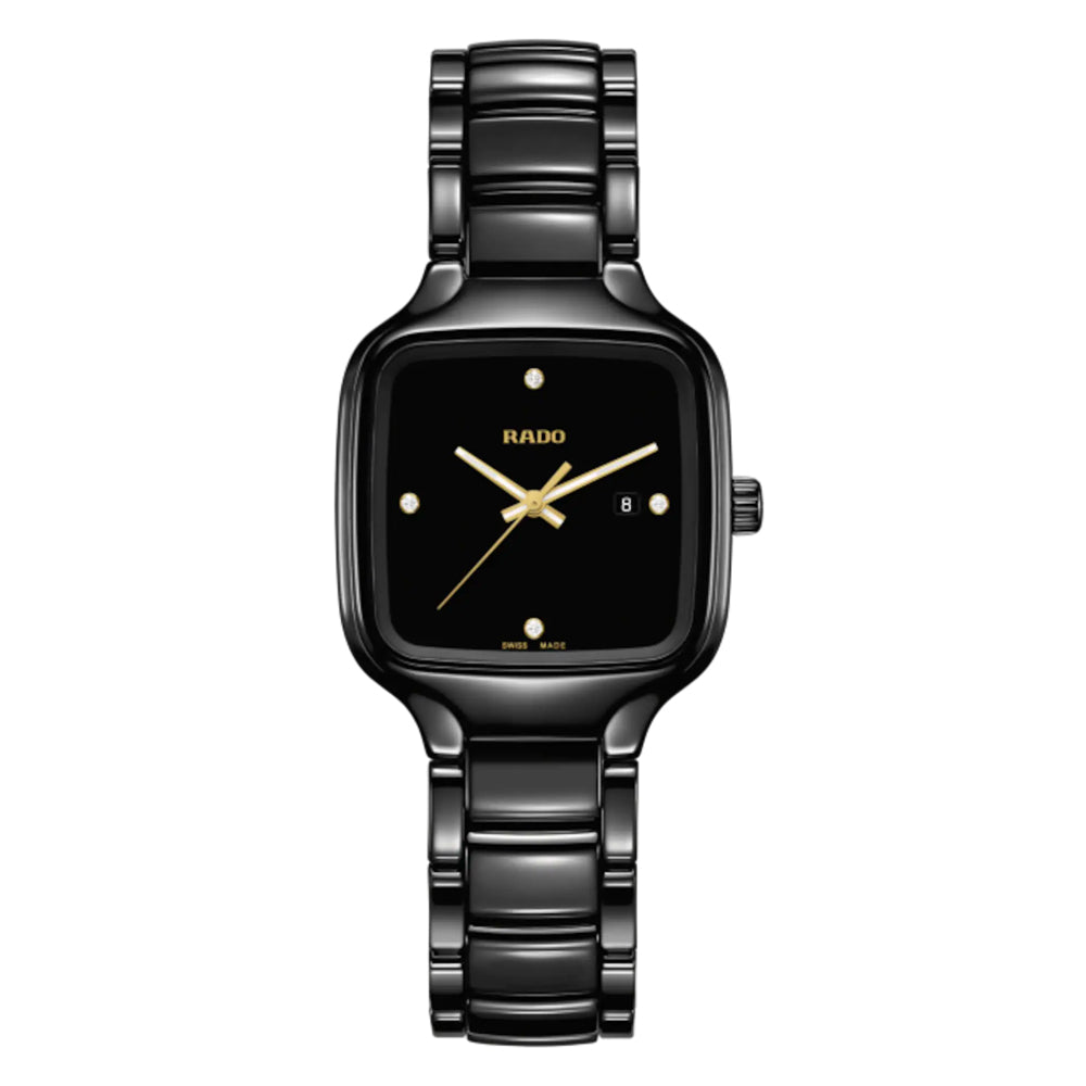 Black Rado watch with gold accents on a white background