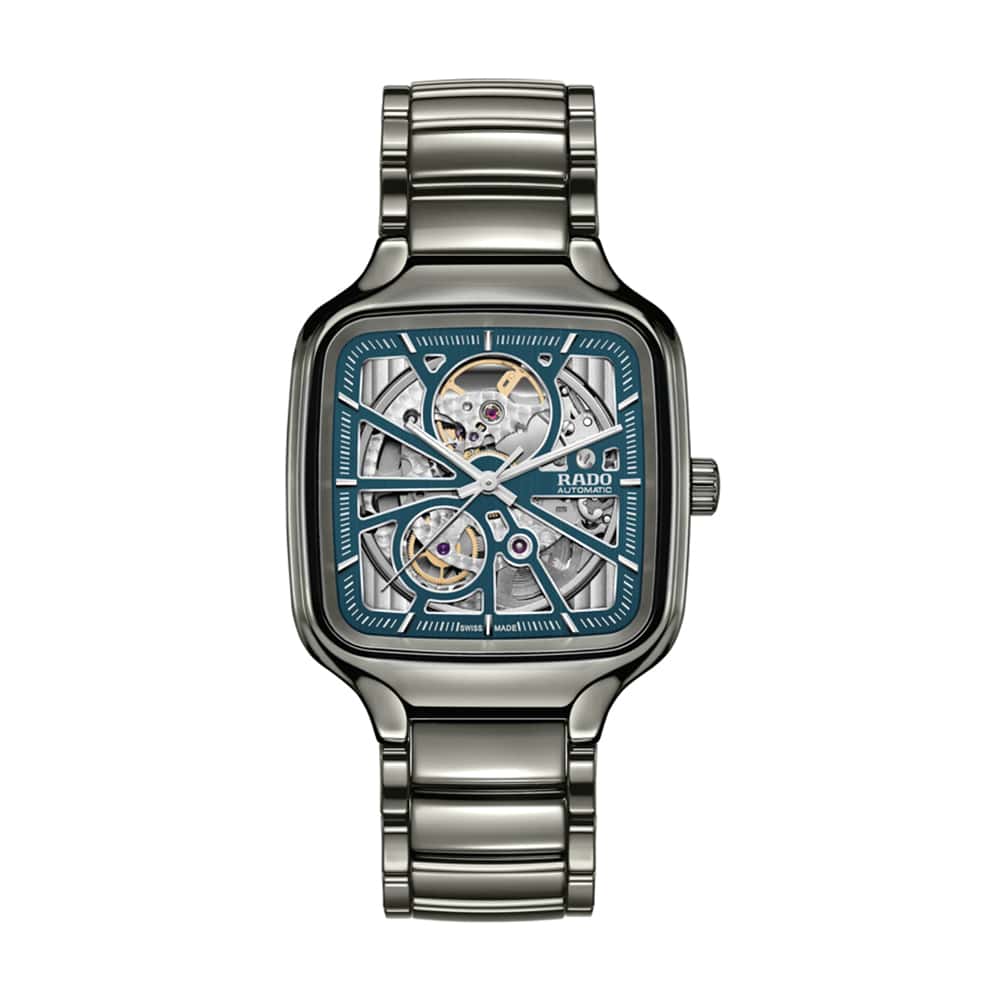 Silver Rado watch with a detailed face on a white background