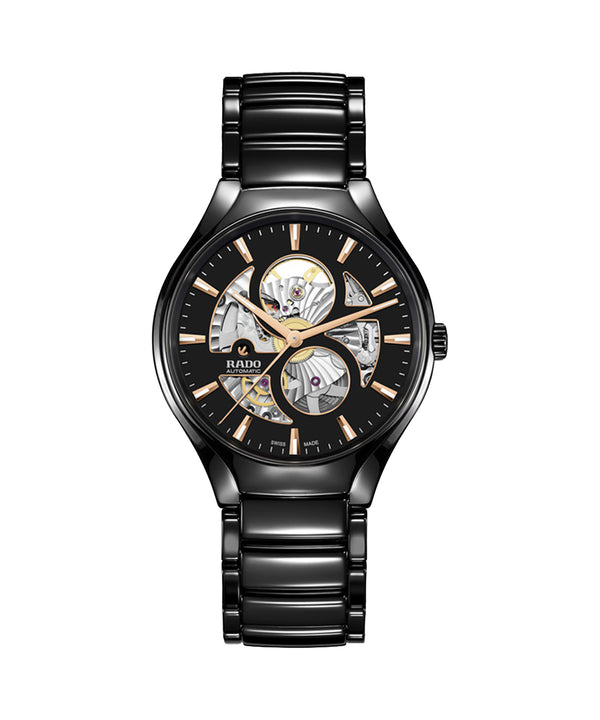 Black Rado watch with a detailed face on a white background
