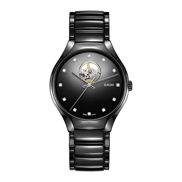 Black Rado watch with skull design on a white background