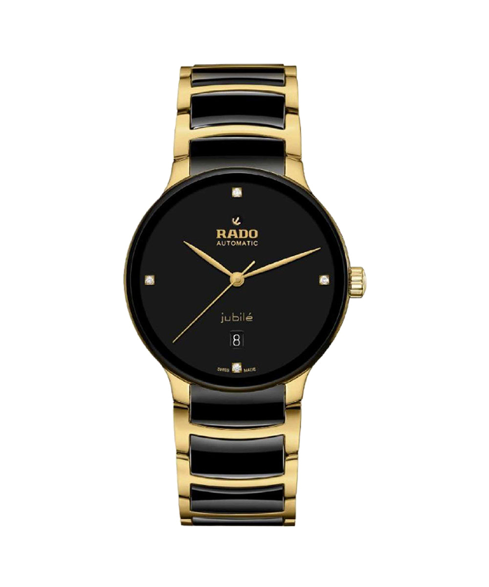 Gold and black watch with Rado branding on a white background