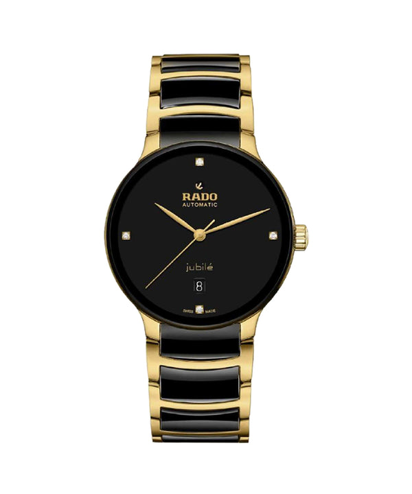 Gold and black watch with Rado branding on a white background