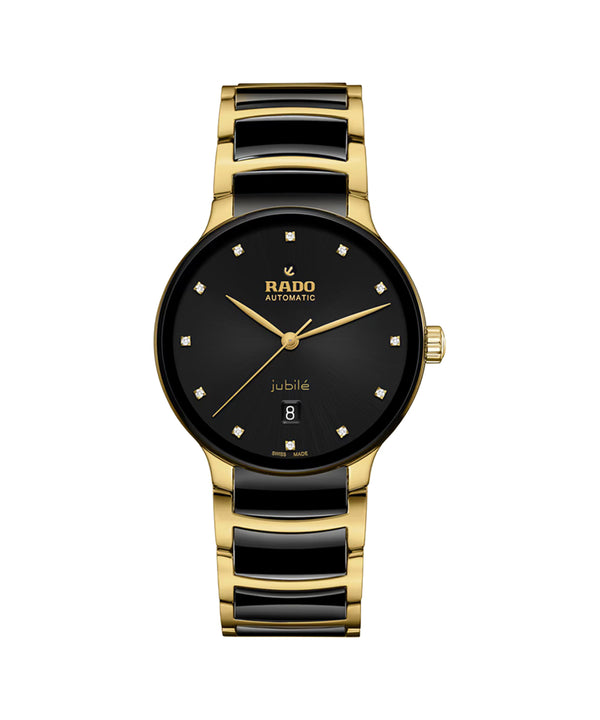Gold and black Rado watch on a white background
