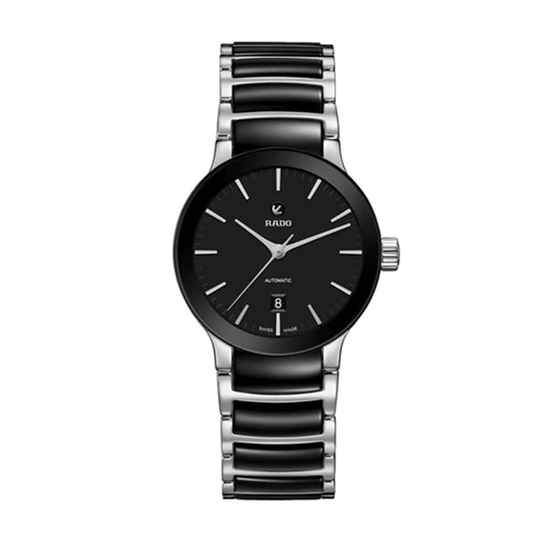 Black and silver watch with a white background