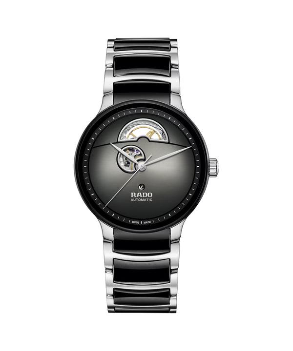 Rado watch with black and silver band on a white background