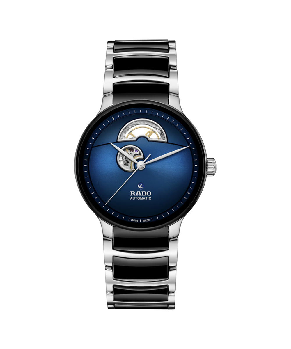 Rado watch with blue face and silver metal strap on white background