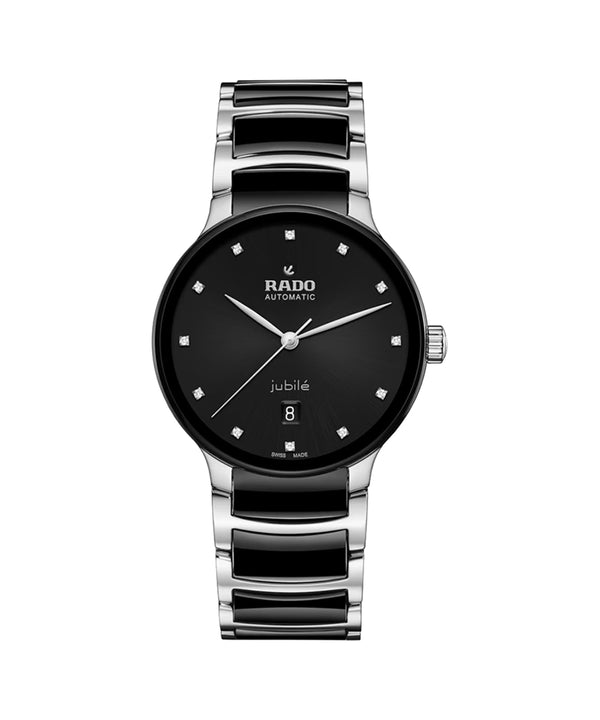 Rado watch with black dial and silver bracelet on a white background