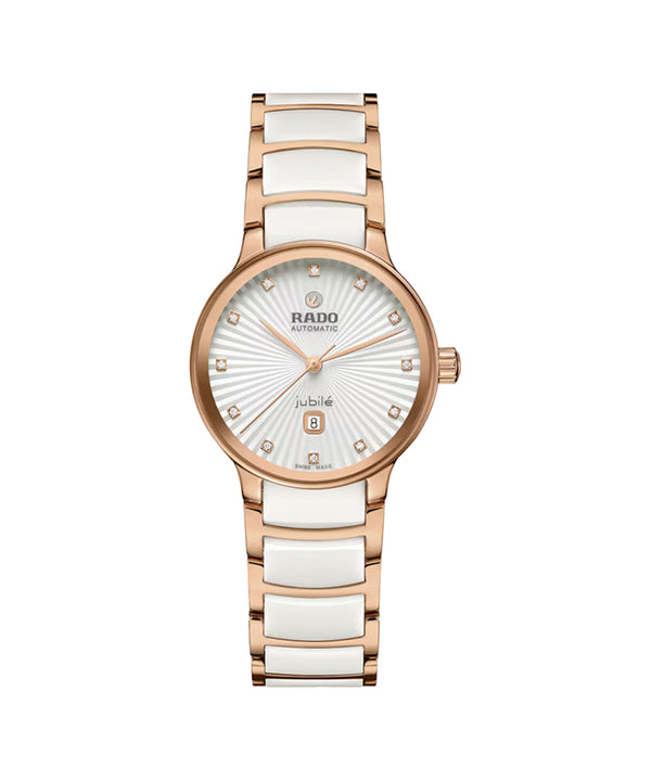 Rado watch with rose gold and white ceramic strap on a white background