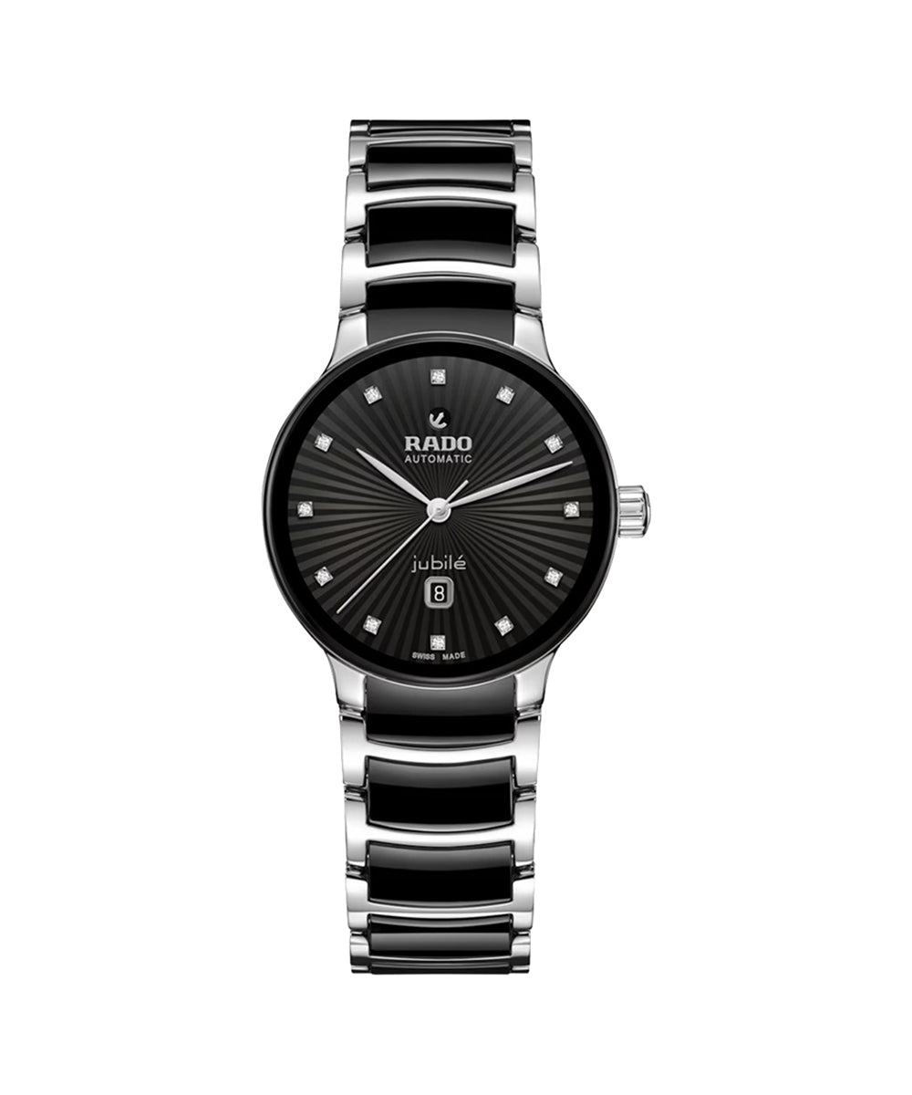 Rado watch with black dial and silver case on a white background