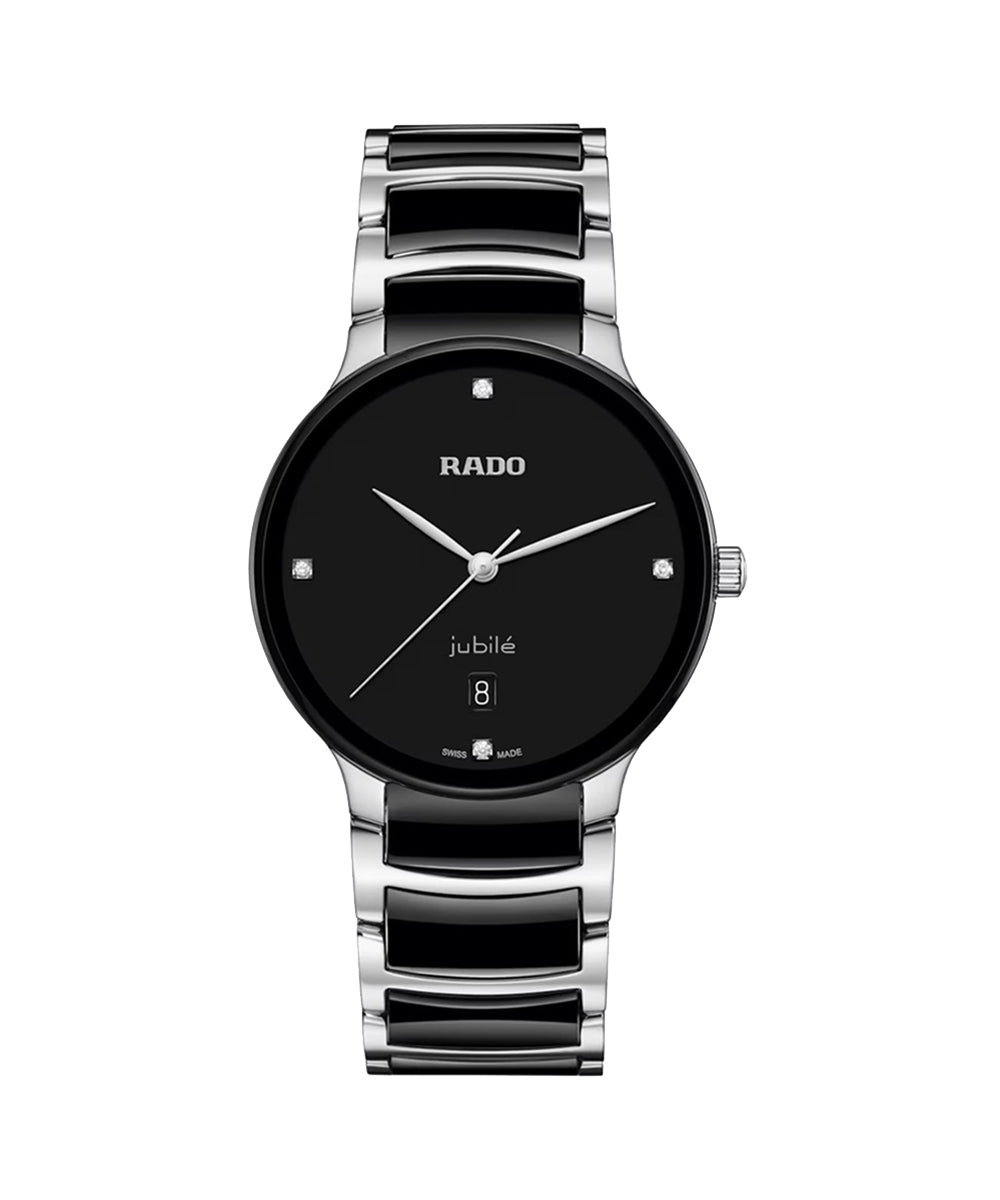 Rado watch with black face and silver and black band on white background