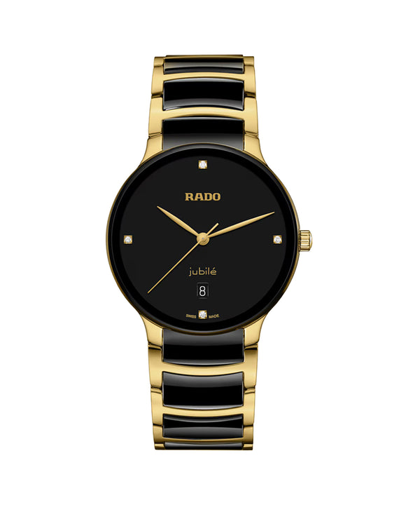 Rado watch with black and gold band on a white background