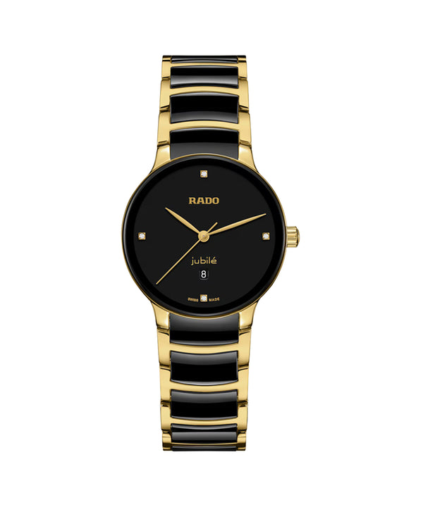 Gold and black Rado watch on a white background
