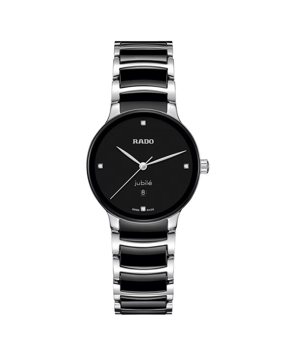 Rado watch with black face and silver bracelet on a white background