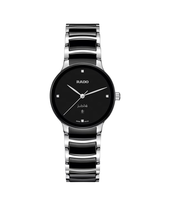 Rado watch with black face and silver bracelet on a white background