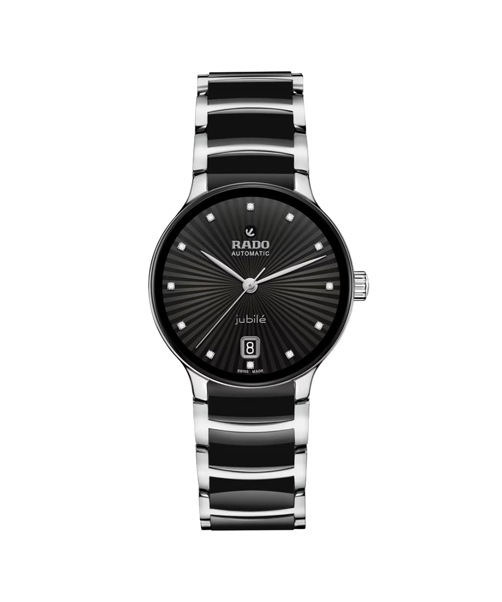 Black and silver Rado watch on a white background