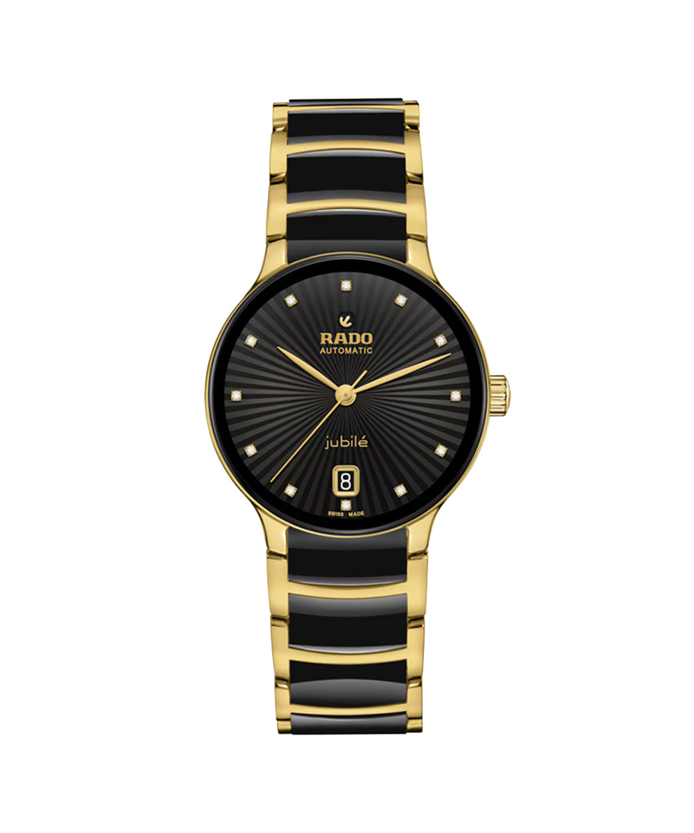 Gold and black watch with Rado branding on a white background