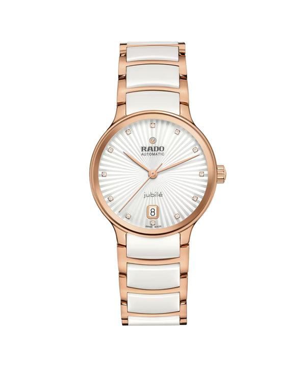 Rado watch with rose gold and white ceramic strap on a white background