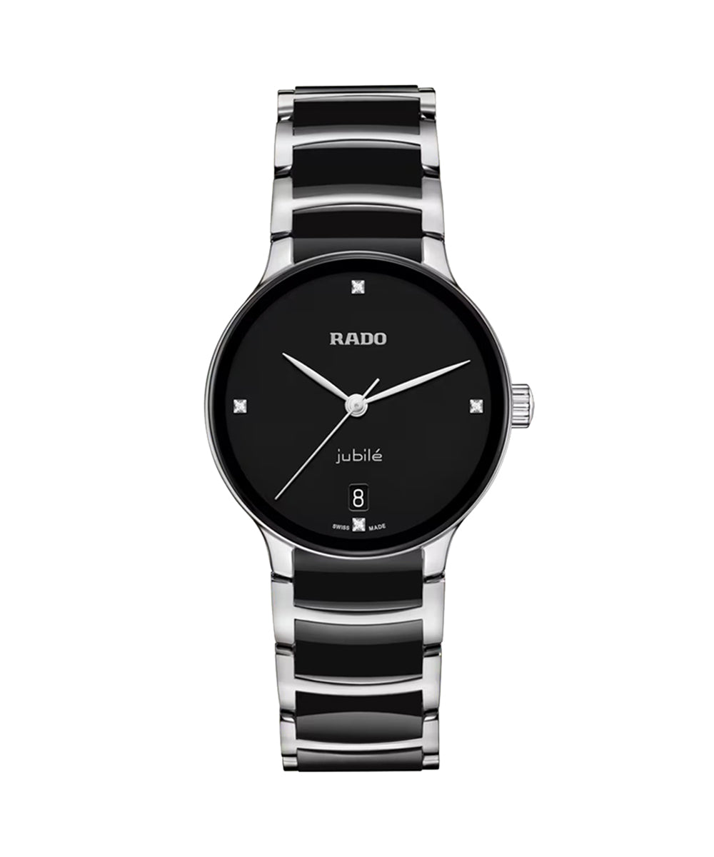Black and silver Rado watch on a white background