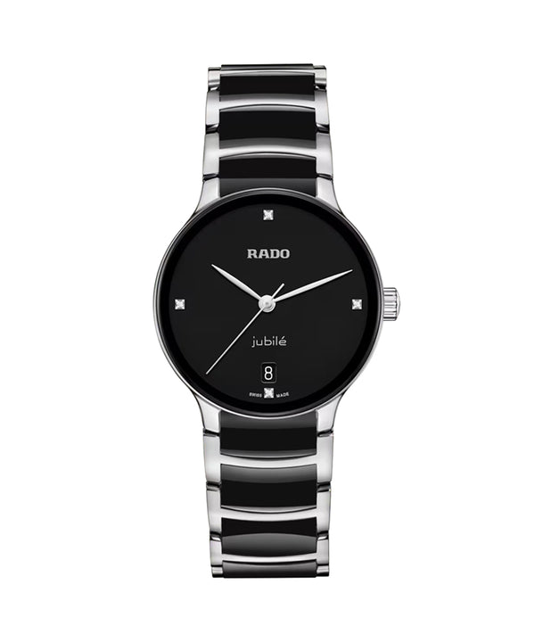 Black and silver Rado watch on a white background